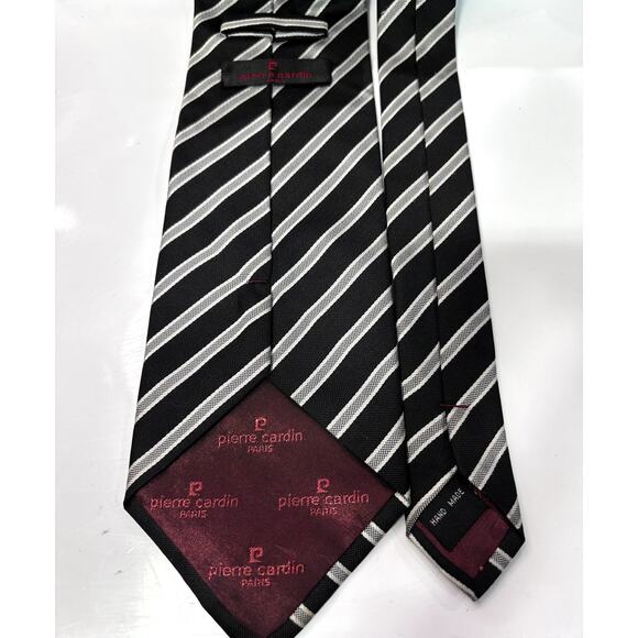 PIERRE CARDIN Paris Men's 100% Silk Silver & Black Stripe Neck Tie - Picture 3 of 6